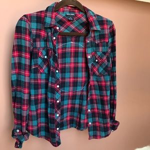 Green and Red Plaid Flannel w/ Lace Appliqué